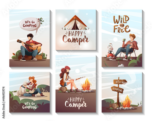 Set of cards with people sitting in the campsie in nature. Summertime camping, traveling, trip, hiking, camper, nature, journey concept. Vector illustration for poster, banner, postcard, cover, card.