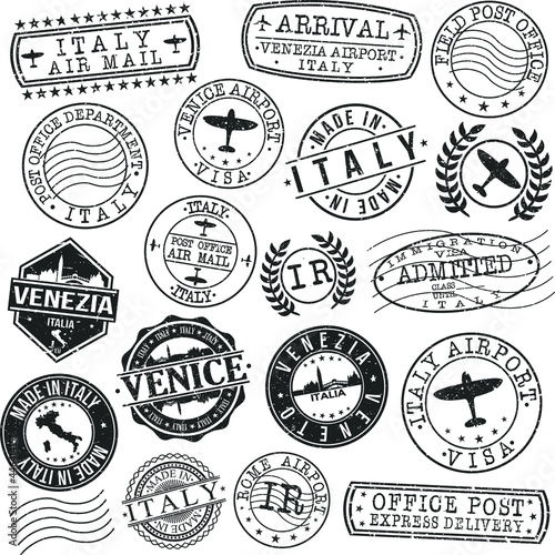 Venice Italy Stamp Vector Art Postal Passport Travel Design Set. Postmark Icon Vintage Style.