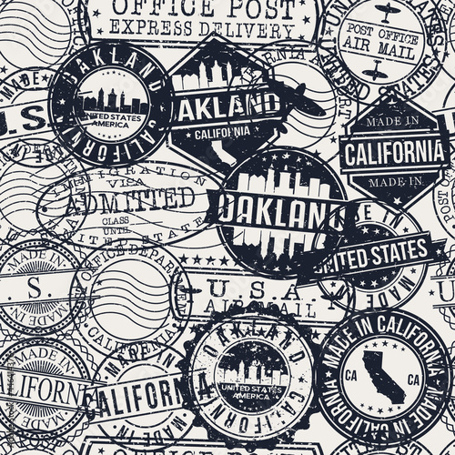 Oakland California Stamps Background. A City Stamp Vector Art. Set of Postal Passport Travel. Design Set Pattern.