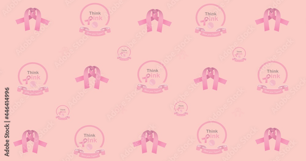 Composition of multiple ribbon and breast cancer text on pink background