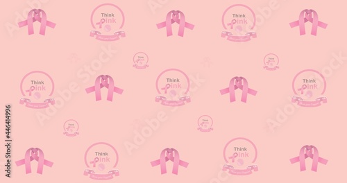 Composition of multiple ribbon and breast cancer text on pink background