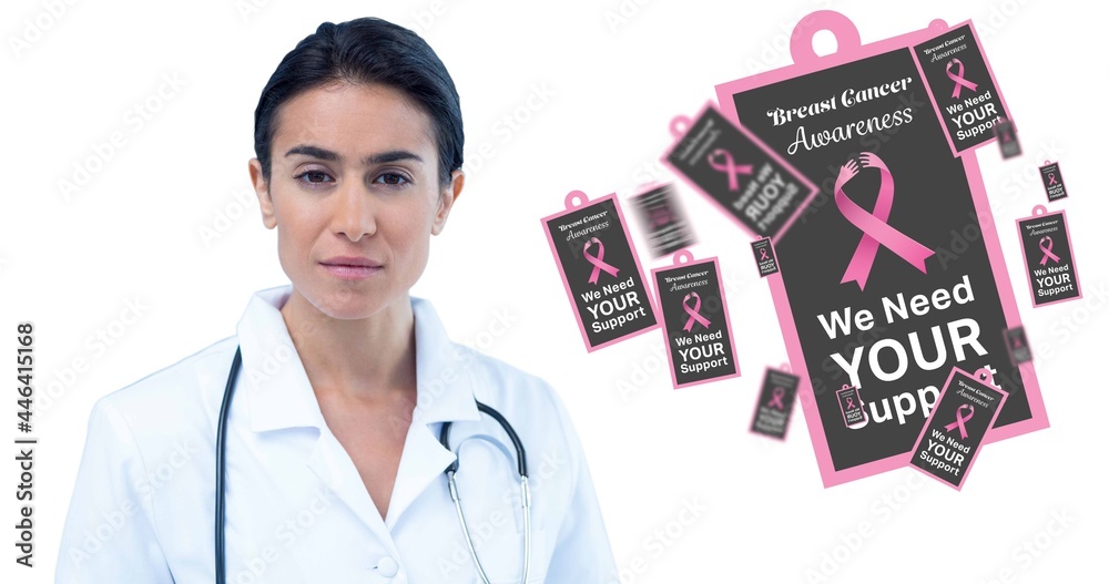 Composition of smiling female doctor with pink ribbon logo and breast cancer text on white Composition of smiling female doctor with pink ribbon logo and breast cancer text on white
