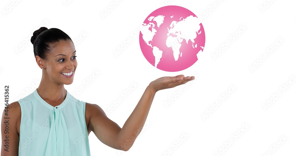 Composition of pink globe logo, with smiling young woman Composition of pink globe logo, with smiling young woman