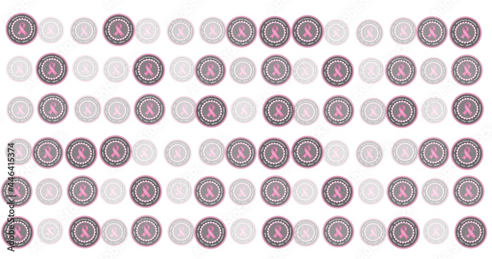 Composition of pink ribbon logo and breast cancer text on white background Composition of pink ribbon logo and breast cancer text on white background