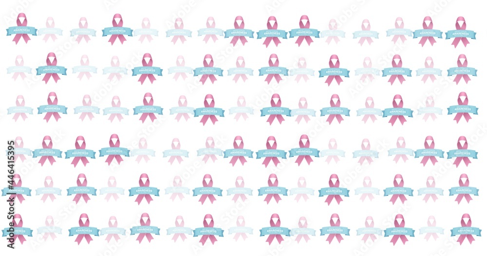 Composition of pink ribbon logo and breast cancer text on white background Composition of pink ribbon logo and breast cancer text on white background