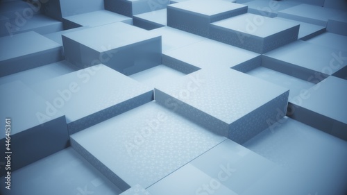 Abstract blue grey cube extrude perspective orthographic light background. 3d render