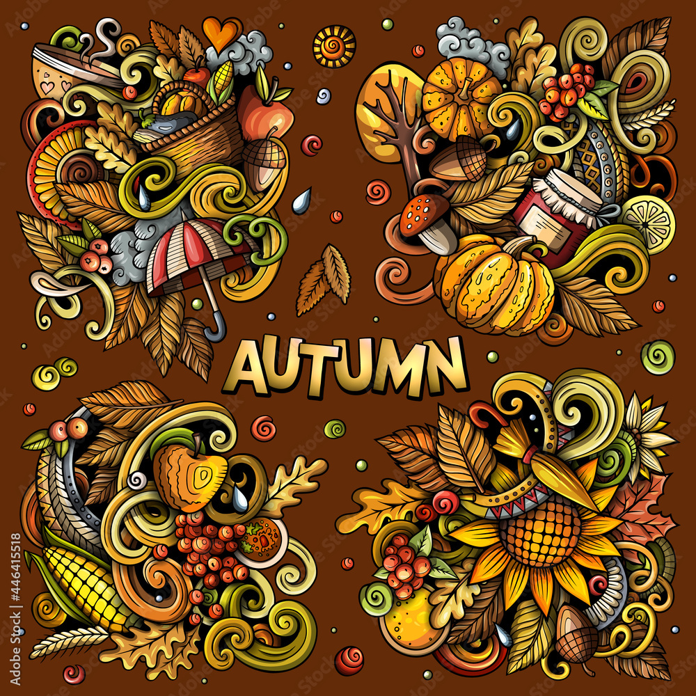 Autumn cartoon vector doodle designs set.