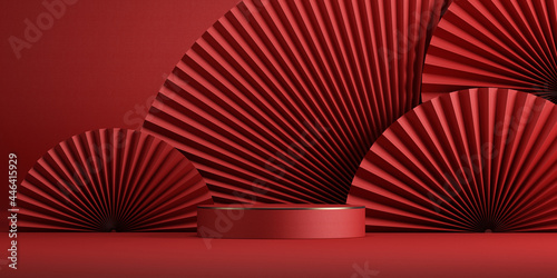 Chinese style minimal abstract background .chinese pan and podium with red background for product presentation. 3d rendering illustration.