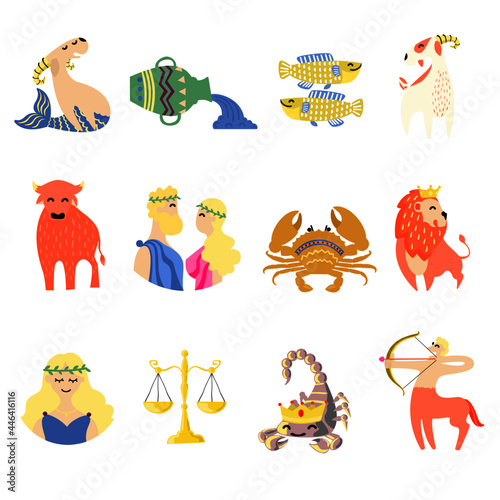 Set of zodiac signs icons. Aries, leo, gemini, taurus, scorpio, aquarius, pisces, sagittarius, libra, virgo, capricorn and cancer. Vector illustration in cartoon style.