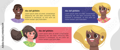 Bulle information personnage avatar conversation tête encart texte coloré sourire discussion coloré série communication illustration