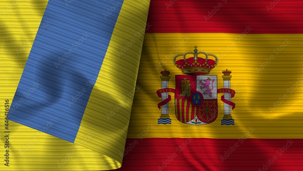 Fototapeta premium Spain and Ukraine Realistic Flag – Fabric Texture 3D Illustration