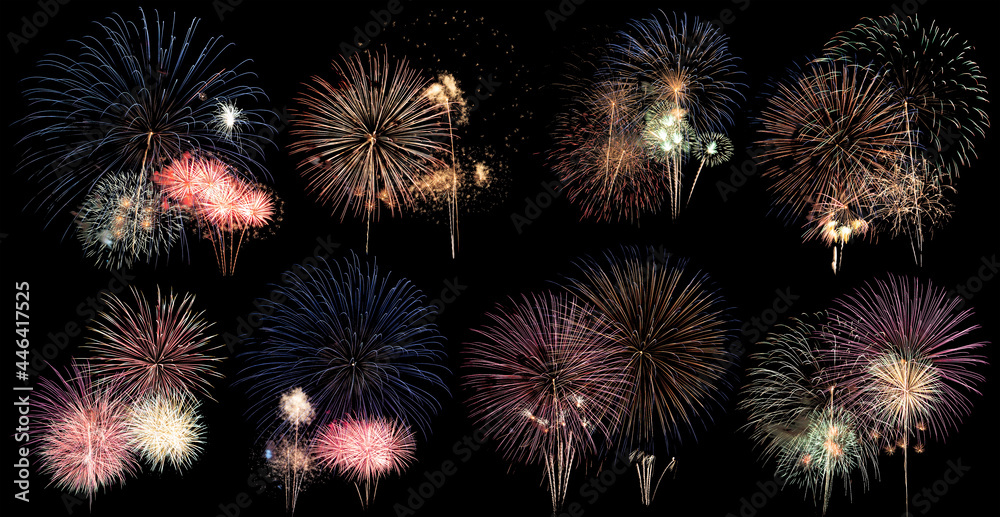 Fototapeta premium Beautiful colorful of different fireworks on black background at festival to celebrate,abstract pattern design of set fireworks for display,season of festivity,highlight of national event celebration