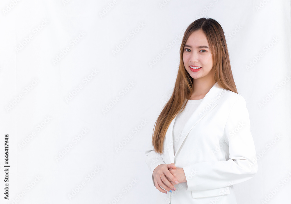 Portrait of asian businesswoman in white suit isolated on white background Portrait of asian businesswoman in white suit isolated on white background