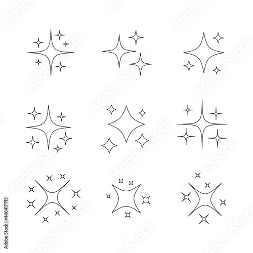 Star sparkling line icon set. Glittering stars light linear black collection. Vector isolated on white