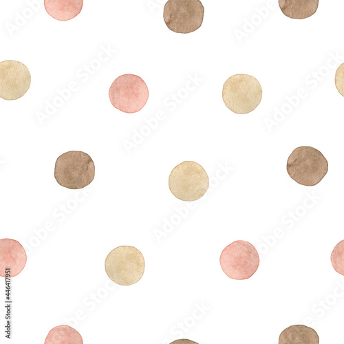 Watercolor seamless pattern polka dot pink and brown. Hand drawn clipart. Isolated on white background.
