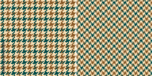 Houndstooth check plaid pattern in brown, beige, green. Seamless geometric pixel tweed vector graphic for dress, jacket, coat, skirt, scarf, other modern spring autumn winter fashion textile print.