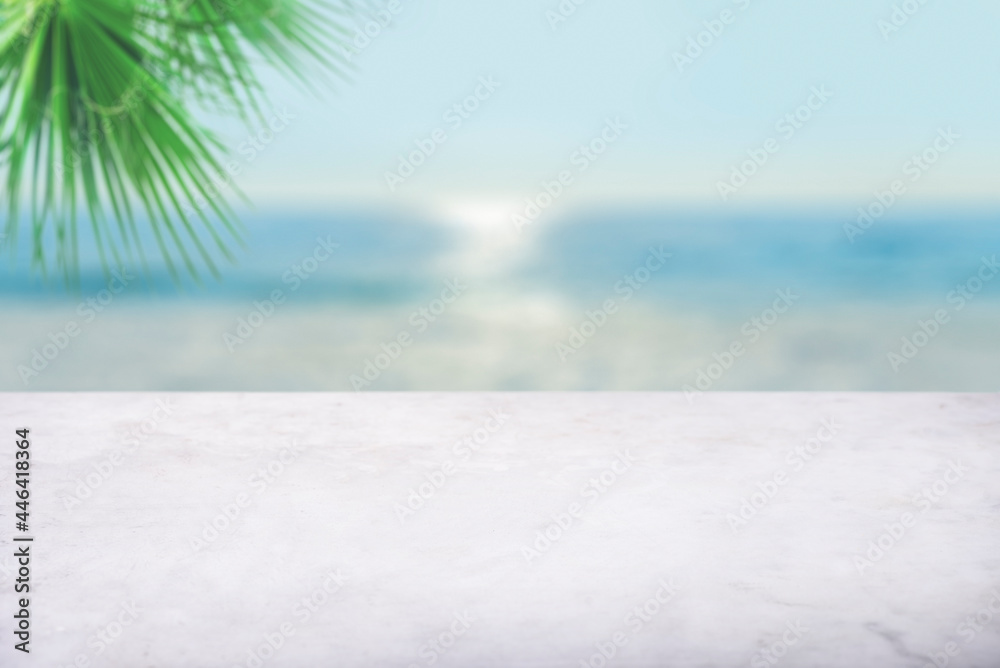 Empty white marble table top with blur sea boekh background. Mockup design for display or montage of product placement. Summer luxury layout. - obrazy, fototapety, plakaty 