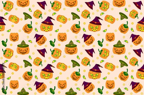 Fototapeta Naklejka Na Ścianę i Meble -  A repeating pattern of color images of a pumpkin with a hat and no headgear for halloween on a light brown background for printing on textiles and paper