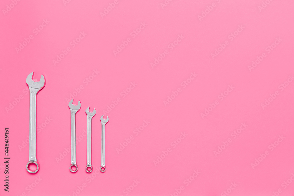 Four metal wrenches of different sizes isolated on pink background with copy space. Conceptual idea of the differences between: boss and employee, older and younger, big and small, parent and child