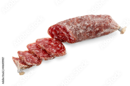 Small Italian salami  cut with slices, sausage called cacciatorino isolated on white, copy space