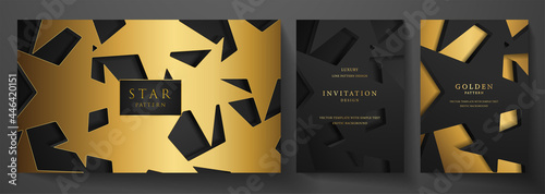 Gold star invitation, cover design set. Luxury starry pattern on black background. Premium horizontal, vertical vector template for holiday invitation, award-winning, birthday party, gift certificate
