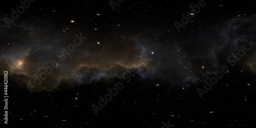 360 degree space nebula panorama, equirectangular projection, environment map. HDRI spherical panorama. Space background with nebula and stars photo