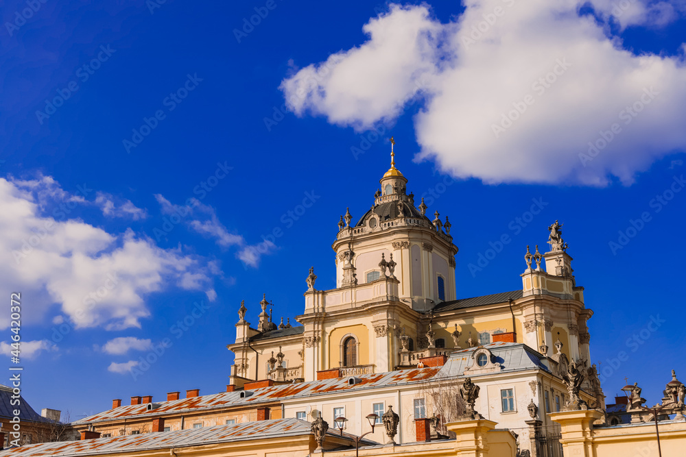orthodox church religion architecture buiding touristic site in wallpaper concept photography with blue sky background and empty copy space