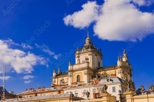 orthodox church religion architecture buiding touristic site in wallpaper concept photography with blue sky background and empty copy space