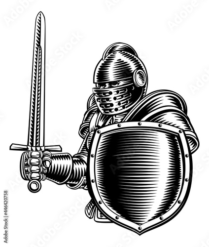 Medieval Knight Sword And Shield Vintage Woodcut