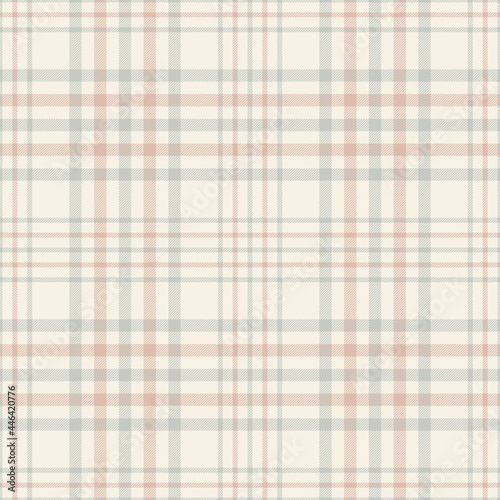 Check pattern in soft grey, pink, beige. Plaid vector for picnic blanket, tablecloth, oilcloth, duvet cover, other modern spring summer autumn winter fashion textile print. Seamless tartan design.