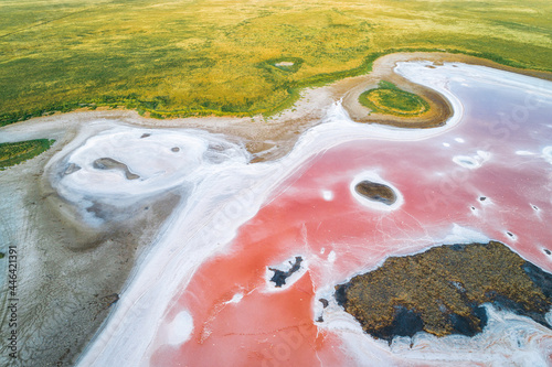 Pink lake in Kalmykia. Pink and white salt on a salt marsh. Incredible texture nature
