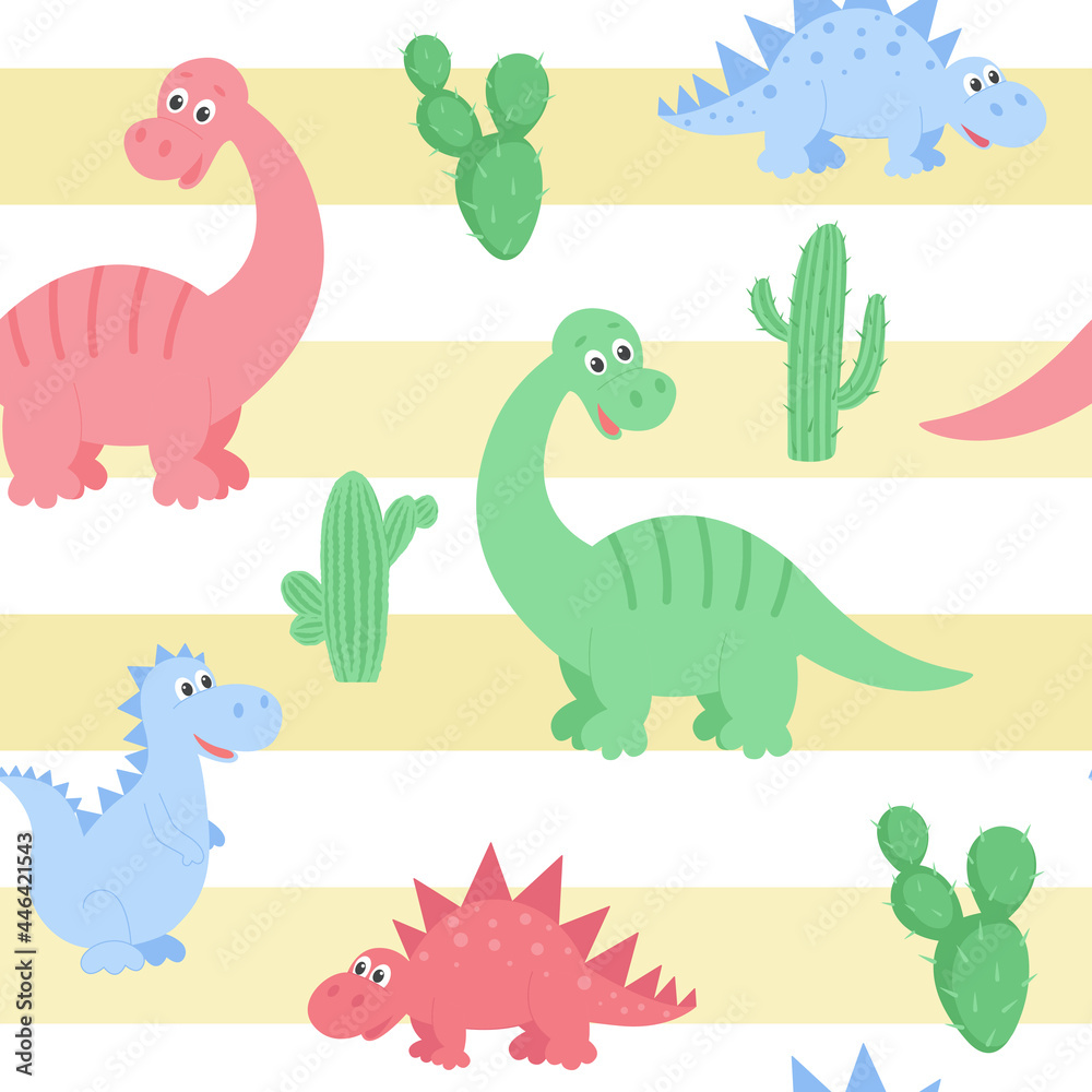 Fototapeta premium Dinosaurs pattern with cactuses on the background of sand stripes, vector illustration. Background with cute dino for kids wallpaper, packaging, fabric and textile. Template of wild animals.