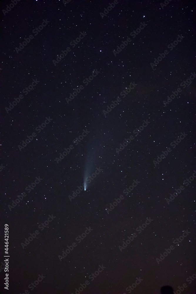 Milky way and Neowise comet in Santuari De La Mare De Deu Del Mont church, Spain