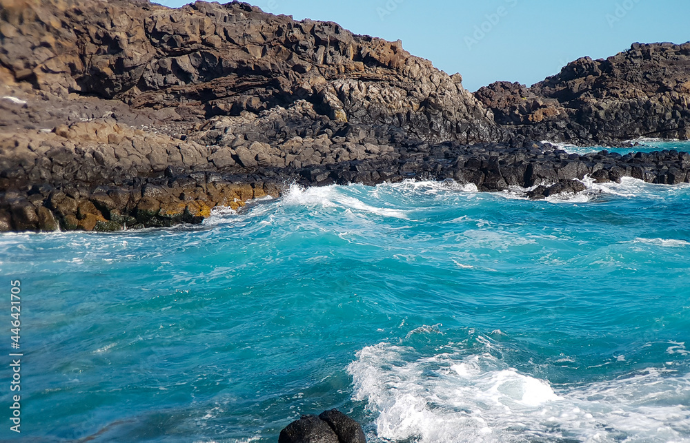 View from drone of ocean waves and rocky coast, canary islands View from drone of ocean waves and rocky coast, canary islands