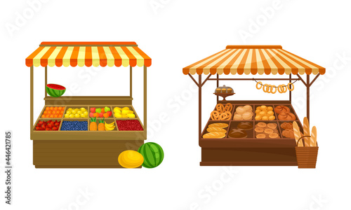 Street Market Stall and Stand with Awning and Various Products Like Fruit and Bread Vector Set