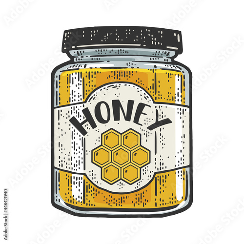 jar of honey color line art sketch engraving vector illustration. T-shirt apparel print design. Scratch board imitation. Black and white hand drawn image.