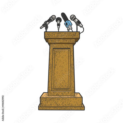 stand with microphones color line art sketch engraving vector illustration. T-shirt apparel print design. Scratch board imitation. Black and white hand drawn image.