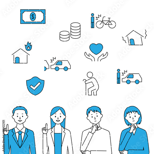 Insurance illustration, person and icon set (white background, vector, cut out)