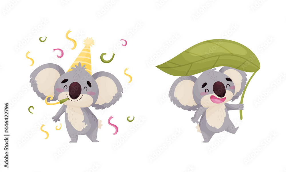 Naklejka premium Cute Gray Koala Bear Blowing Whistle and Carrying Leaf Vector Set
