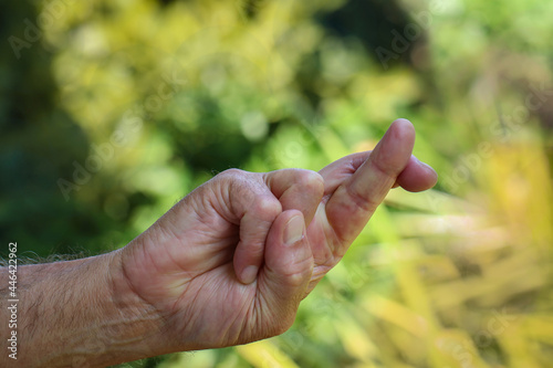 Mano umana con dita incrociate su sfondo naturale. photo