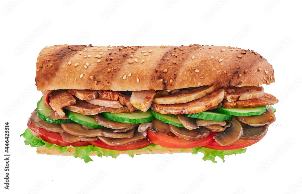 Fresh baguette sandwiches with Ham, sliced cheese, tomatoes and fresh lettuce isolated on white background. Space for text. High quality photo Fresh baguette sandwiches with Ham, sliced cheese, tomatoes and fresh lettuce isolated on white background. Space for text. High quality photo