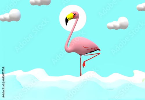 Pink Flamingo standing in water with one foot up. 3d illustration. seascape. landscape. Nature, clouds, water waves, flamingo.