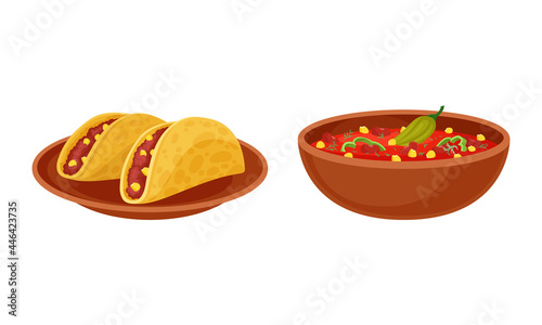 Bowl of Baked Beans with Vegetables and Taco with Savory Filling Vector Set