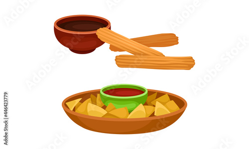 Nacho with Sauce and Churro Fried Dough Dessert Vector Set