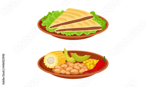 Vegetables and Quesadilla with Savory Filling Vector Set