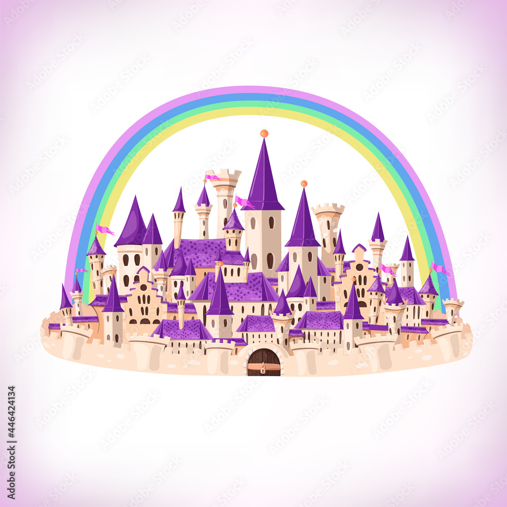 FairyTale cartoon castle. Cute cartoon castle. Fantasy fairy tale palace with rainbow. Vector illustration