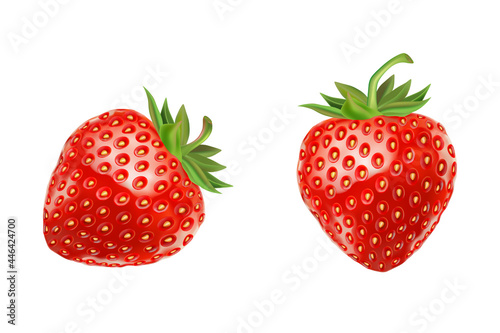 Strawberry set isolated with strawberries slice of pieces element in the middle on white background. Realistic vector in 3D illustration.