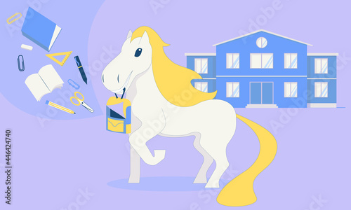 Back to school and childhood. Cartoon horse with the backpack. School things fly into the backpack. 