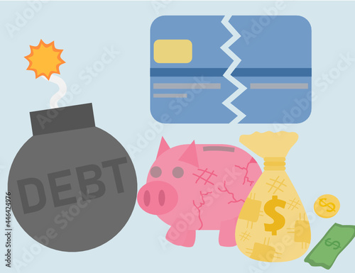 Bomb, piggy bank, credit card, bag, coin and money.Debt and bad economy.Finance and business.Banking, borrowing and credit concept.Cartoon vector illustration.Flat design.Sign, symbol, icon or logo.