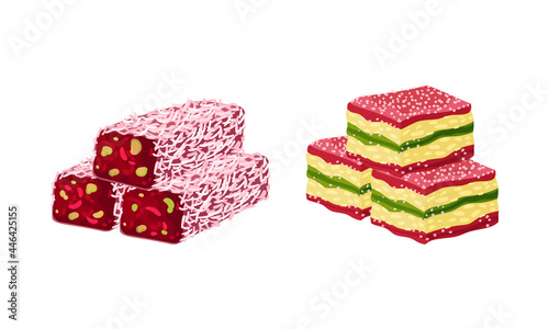 Turkish Delight or Lokum as Arabic Sweet and Sugary Dessert Vector Set